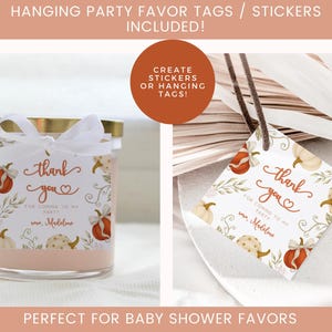Fall-themed 1st birthday pumpkin digital invite with watercolor pumpkins, bows, and florals in blush, ivory, and burnt orange, displayed on a printed card and matching iPhone mockup.