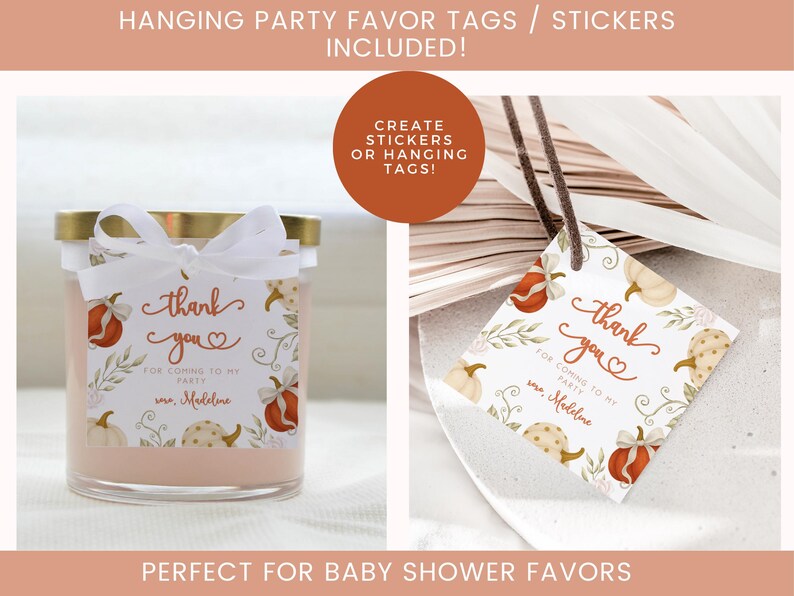 Fall-themed 1st birthday pumpkin digital invite with watercolor pumpkins, bows, and florals in blush, ivory, and burnt orange, displayed on a printed card and matching iPhone mockup.