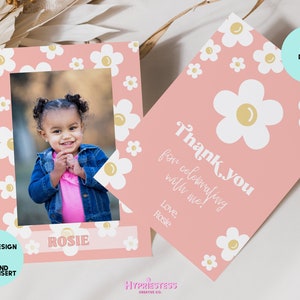 Editable Daisy Birthday Party Thank You Card | Any Age Daisy Birthday Thank You Card | Retro Boho Groovy Girl Pink | Guest Favors