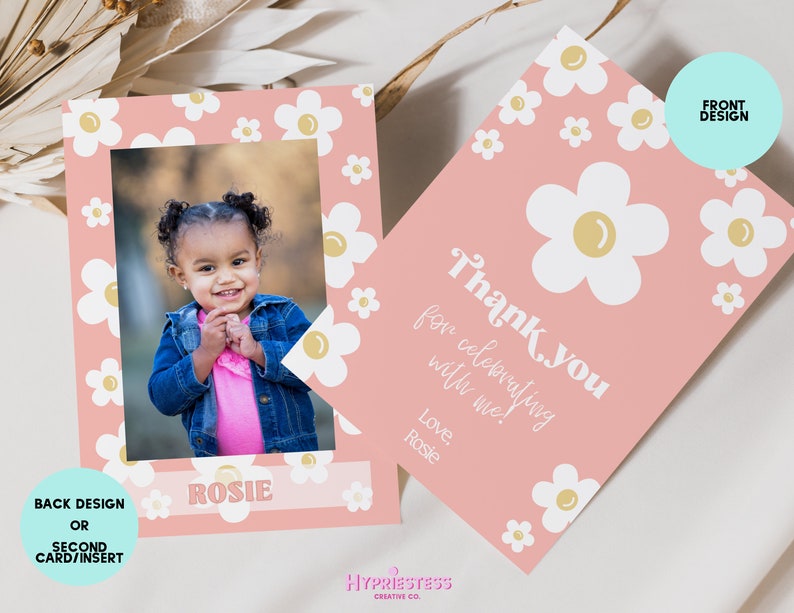 Editable Daisy Birthday Party Thank You Card | Any Age Daisy Birthday Thank You Card | Retro Boho Groovy Girl Pink | Guest Favors