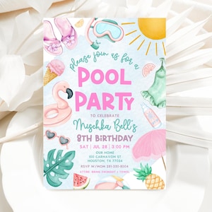 May include: A colourful invitation for a pool party to celebrate Mischka Bell's 8th birthday. The invitation features a pink flamingo float, sunglasses, ice cream, a watermelon, a pineapple, and a sun. The text on the invitation reads "Please join us for a Pool Party to celebrate Mischka Bell's 8th Birthday. Sat | Jul 28 | 3:00 PM. Our Home 100 Carnavon St Houston, TX 77024. RSVP w/Mom 281-330-8004. Attire Bring Swimsuit + Towel."