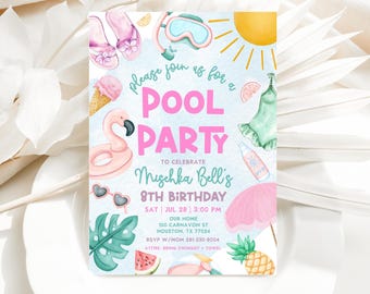 Pool Party Invitation, Summer Girl Birthday Party, Splish Splash Birthday Invitation, Editable Template, Phone Invite Printable