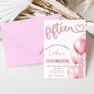 15th Birthday Invite, Teenager Birthday Party Invite, Editable Girls Birthday Invite, Pink Balloons Invitation, Digital Download Evite Bonus
