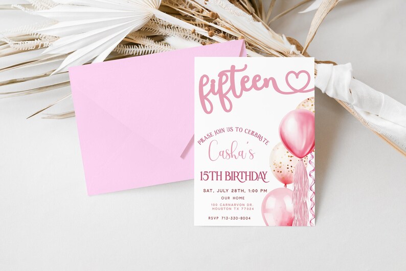 15th Birthday Invite, Teenager Birthday Party Invite, Editable Girls Birthday Invite, Pink Balloons Invitation, Digital Download Evite Bonus