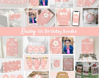 May include: A pink and white daisy themed first birthday party printable bundle. The bundle includes a welcome sign, thank you cards, favor tags, cupcake toppers, water bottle labels, a high chair banner, and more.