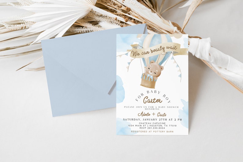 Editable Blue Brown Bear Baby Shower Invite Bundle We Can Bearly Wait