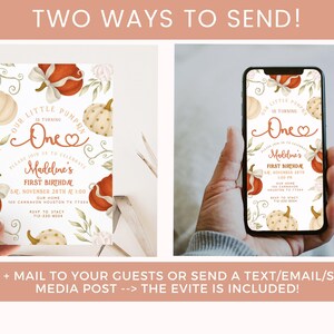 Fall-themed 1st birthday pumpkin digital invite with watercolor pumpkins, bows, and florals in blush, ivory, and burnt orange, displayed on a printed card and matching iPhone mockup.