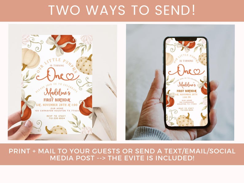 Fall-themed 1st birthday pumpkin digital invite with watercolor pumpkins, bows, and florals in blush, ivory, and burnt orange, displayed on a printed card and matching iPhone mockup.