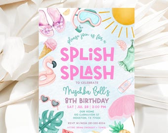 Editable Pool Party Invitation, Summer Girl Birthday Party, Splish Splash Birthday Invitation, Instant Download, Phone Invite, Printable