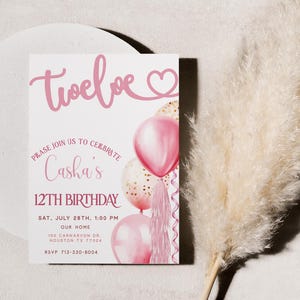 Double Digits Invite, 12th Birthday Invite, Editable Girls Birthday Invite, Pink Balloons Invitation, Digital Download, Evite Included