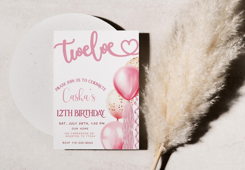 Double Digits Invite, 12th Birthday Invite, Editable Girls Birthday Invite, Pink Balloons Invitation, Digital Download, Evite Included