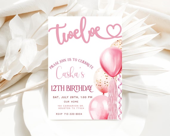 Double Digits Invite, 12th Birthday Invite, Editable Girls Birthday Invite, Pink Balloons Invitation, Digital Download, Evite Included