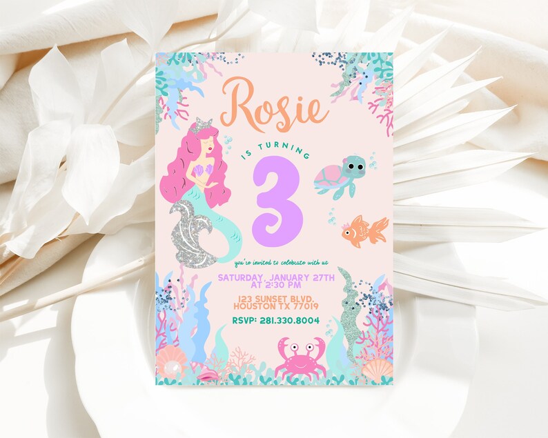 Lets Shellebrate Mermaid Birthday Invitation, Under-the-Sea Birthday Party Invite, Digital Text Evite, Download Print image 1