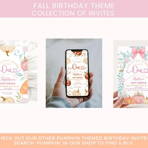Fall-themed 1st birthday pumpkin digital invite with watercolor pumpkins, bows, and florals in blush, ivory, and burnt orange, displayed on a printed card and matching iPhone mockup.