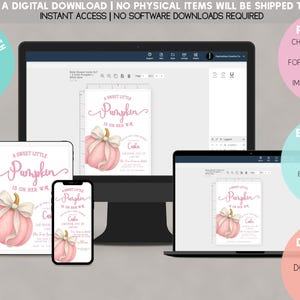 Fall-themed 1st birthday pumpkin digital invite with watercolor pumpkins, bows, and florals in blush, ivory, and burnt orange, displayed on a printed card and matching iPhone mockup.