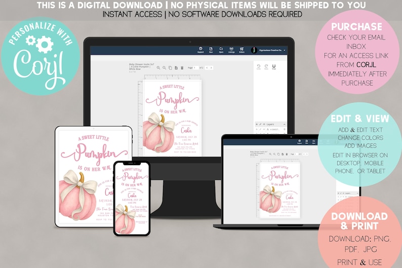 Fall-themed 1st birthday pumpkin digital invite with watercolor pumpkins, bows, and florals in blush, ivory, and burnt orange, displayed on a printed card and matching iPhone mockup.