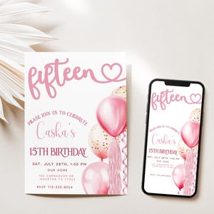 15th Birthday Invite, Teenager Birthday Party Invite, Editable Girls Birthday Invite, Pink Balloons Invitation, Digital Download Evite Bonus