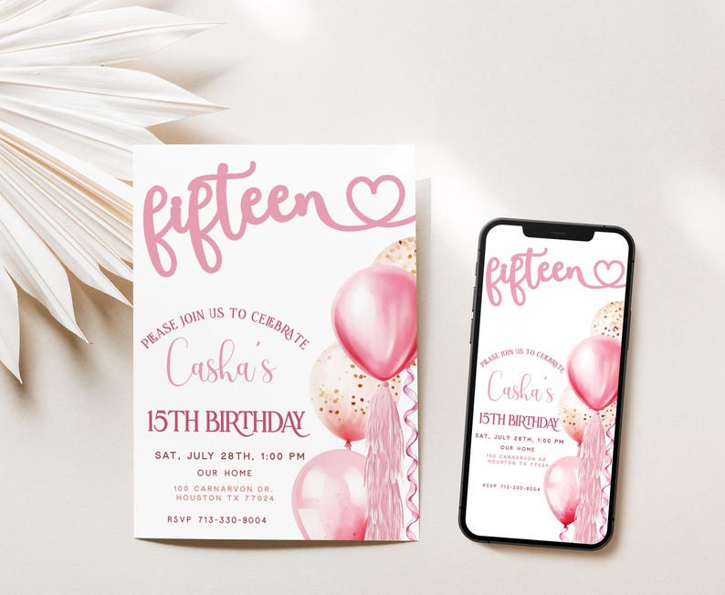 15th Birthday Invite, Teenager Birthday Party Invite, Editable Girls Birthday Invite, Pink Balloons Invitation, Digital Download Evite Bonus