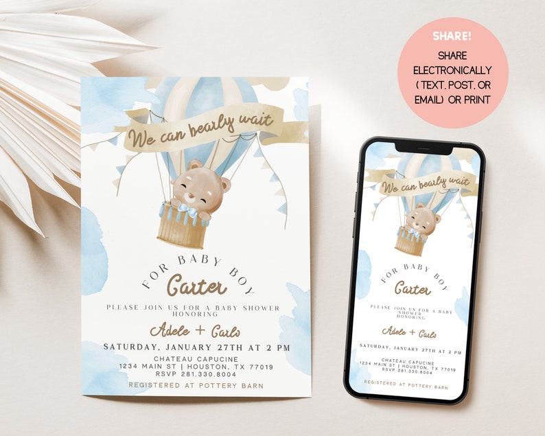 Editable Blue Brown Bear Baby Shower Invite Bundle We Can Bearly Wait