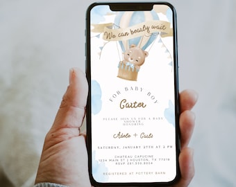 Teddy Bear Baby Shower Invitation We Can Bearly Wait Boy Baby Shower Balloons Digital Download Editable Template Printable Blue Brown CARLO