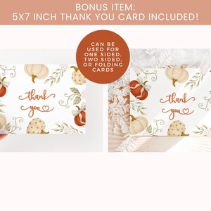 Fall-themed 1st birthday pumpkin digital invite with watercolor pumpkins, bows, and florals in blush, ivory, and burnt orange, displayed on a printed card and matching iPhone mockup.