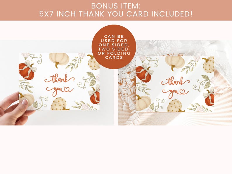 Fall-themed 1st birthday pumpkin digital invite with watercolor pumpkins, bows, and florals in blush, ivory, and burnt orange, displayed on a printed card and matching iPhone mockup.