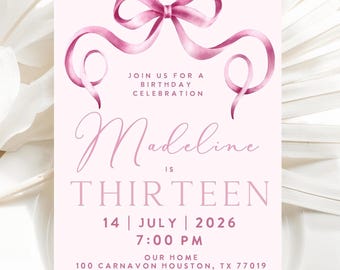 Tween Pink Bow 13th Birthday, Girls 13th Birthday, Coquette Birthday Invitation, Digital Download, Editable Template, MARSEILLE