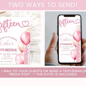 15th Birthday Invite, Teenager Birthday Party Invite, Editable Girls Birthday Invite, Pink Balloons Invitation, Digital Download Evite Bonus