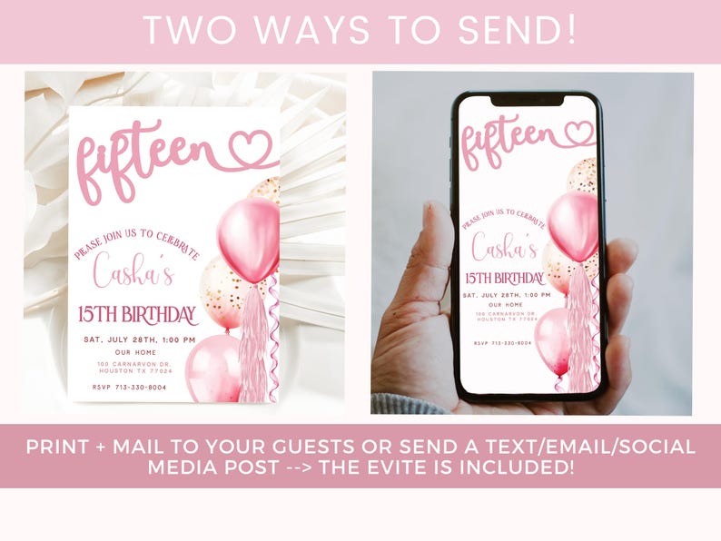 15th Birthday Invite, Teenager Birthday Party Invite, Editable Girls Birthday Invite, Pink Balloons Invitation, Digital Download Evite Bonus