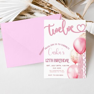Double Digits Invite, 12th Birthday Invite, Editable Girls Birthday Invite, Pink Balloons Invitation, Digital Download, Evite Included