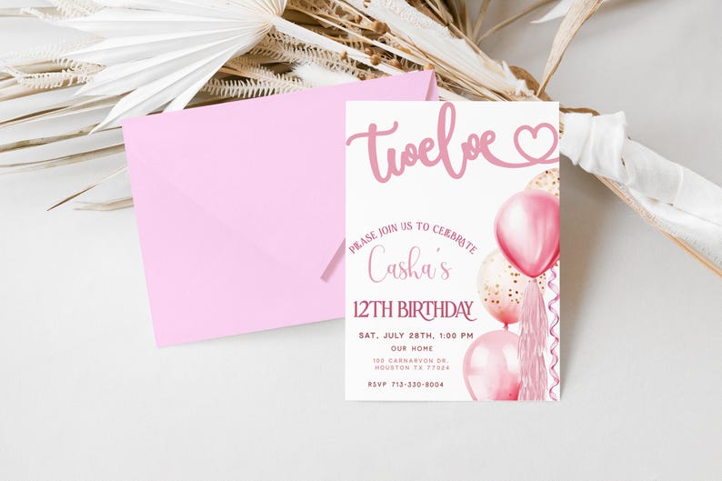 Double Digits Invite, 12th Birthday Invite, Editable Girls Birthday Invite, Pink Balloons Invitation, Digital Download, Evite Included