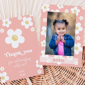 Editable Daisy Birthday Party Thank You Card | Any Age Daisy Birthday Thank You Card | Retro Boho Groovy Girl Pink | Guest Favors