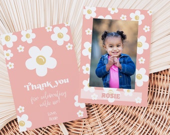 Editable Daisy Birthday Party Thank You Card | Any Age Daisy Birthday Thank You Card | Retro Boho Groovy Girl Pink | Guest Favors | FLEUR