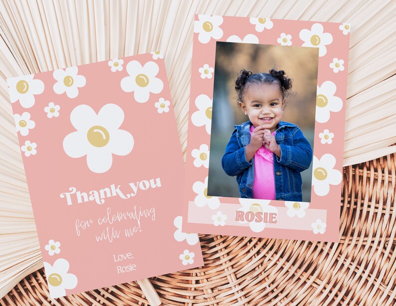 Editable Daisy Birthday Party Thank You Card | Any Age Daisy Birthday Thank You Card | Retro Boho Groovy Girl Pink | Guest Favors