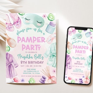 Pamper Party Invite, Girls Spa Birthday, Spa Party Birthday Invitation, Glam Party Birthday, Editable Template, Phone Invite, Print Invite