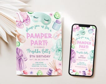 May include: Pink and green invitation for a pamper party to celebrate Mischka Bell's 8th birthday. The invitation features illustrations of spa items like cucumber slices, bathrobes, and eye masks. The text reads "Please join us for a Pamper Party to celebrate Mischka Bell's 8th Birthday. Sat Jul 28 | 3:00 PM. Our Home 100 Carnavon St Houston, TX 77024 RSVP w/Mom 281-330-6004"