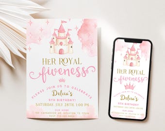 Invitación a fiesta de princesas, quinto cumpleaños, invitación de princesas para niñas, invitación al castillo, su quinta realeza, plantilla editable, invitación electrónica