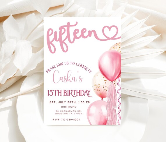 15th Birthday Invite, Editable Girls Birthday Invite, Teenager Birthday Party Invite, Pink Balloons Invitation, Digital Download Evite Bonus
