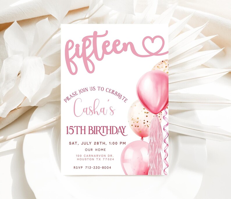 15th Birthday Invite, Teenager Birthday Party Invite, Editable Girls Birthday Invite, Pink Balloons Invitation, Digital Download Evite Bonus
