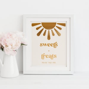 Sunshine Baby Shower Sweets and Treats Sign | Dessert Table | Candy Buffet | Here Comes the Sun | Here Comes the Son | Editable Template | Sunshine Baby Shower Ideas | Another Trip Around the Sun | Boho Baby Shower | Gold Mustard Yellow Terracotta