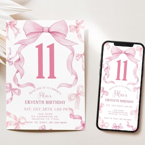 Roze strik verjaardagsuitnodiging, meisjes 11e verjaardagsuitnodiging, roze lint uitnodigen, roze coquette strik nodigt uit, bewerkbare sjabloon, tekst of print