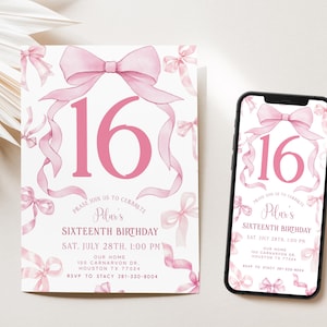 Sweet 16 einladen, rosa Kokette Schleife lädt ein, 16. Geburtstag einladen, rosa Band einladen, herunterladbare Sweet 16 Einladung, bearbeitbar, Textdruck