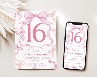 Sweet 16 Invite, Pink Coquette Bow Invites, 16th Birthday Invite, Pink Ribbon Invite, Downloadable Sweet 16 Invitation, Editable, Text Print