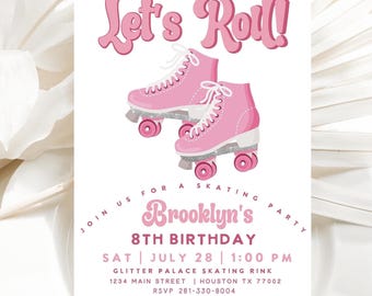 Rolschaatsen verjaardagsuitnodiging, meisjes verjaardag uitnodigen, roller disco party, meisje rolschaatsen uitnodiging, direct downloaden, bewerkbaar, Evite