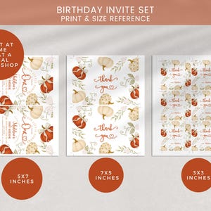 Fall-themed 1st birthday pumpkin digital invite with watercolor pumpkins, bows, and florals in blush, ivory, and burnt orange, displayed on a printed card and matching iPhone mockup.