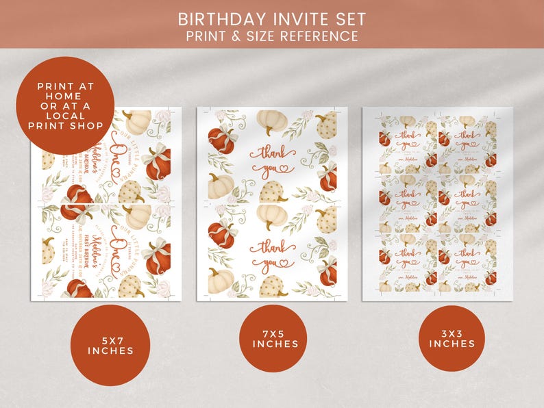 Fall-themed 1st birthday pumpkin digital invite with watercolor pumpkins, bows, and florals in blush, ivory, and burnt orange, displayed on a printed card and matching iPhone mockup.