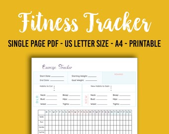 May include: Printable fitness tracker with a black and white grid for tracking daily exercise. The tracker includes sections for "Habits to Cut" and "New Habits to Gain" with fields for measurements like neck, bust, waist, bicep, hips, and tights. The tracker also includes a section for "Reward".