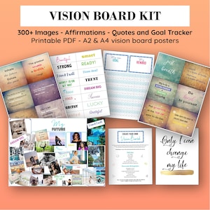 May include: A vision board kit featuring over 300 images, affirmations, quotes, and a goal tracker. The kit includes printable PDF posters in A2 and A4 sizes. The image displays a collage of colourful images and text, including motivational quotes, affirmations, and goal-setting tools.