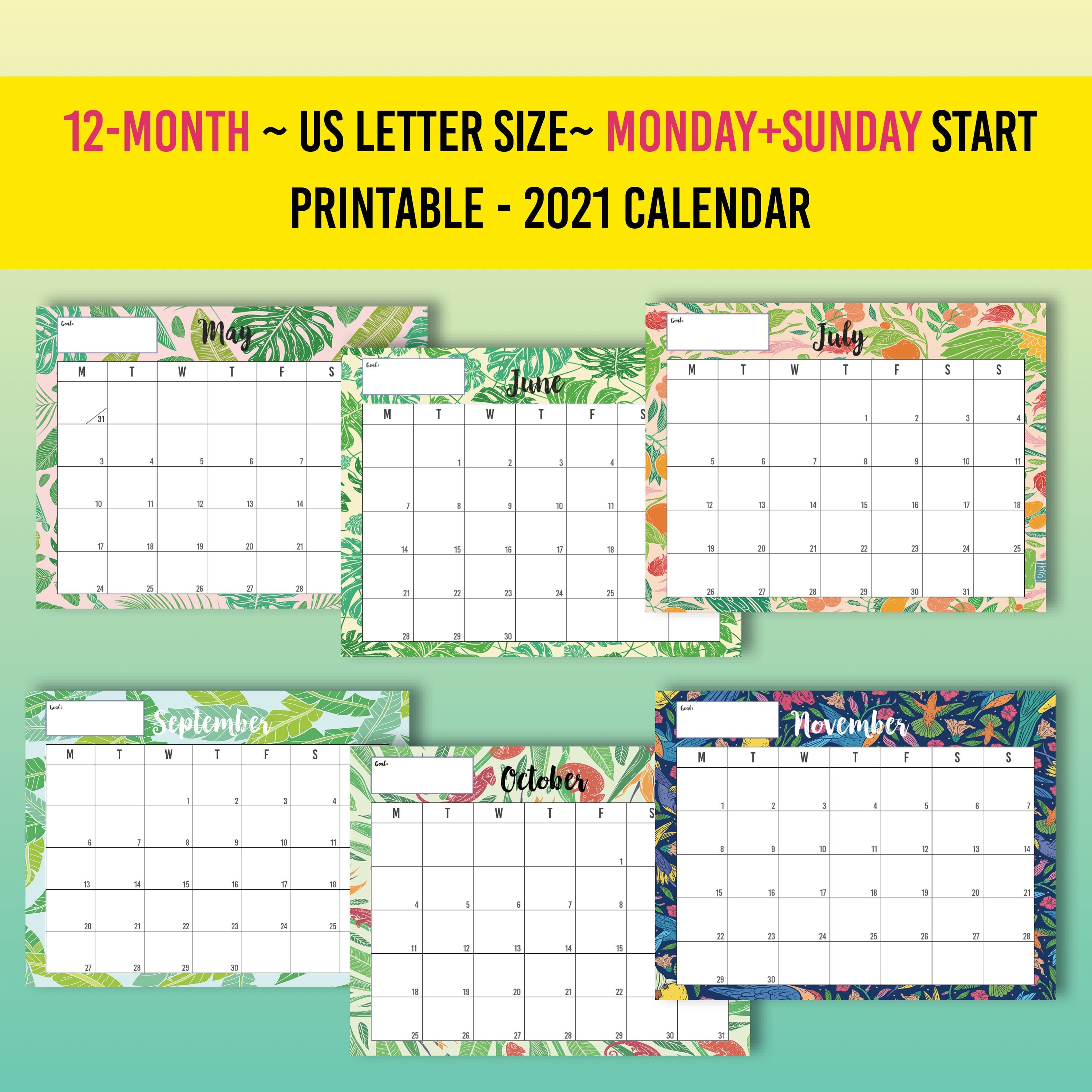 printable calendar 2021 letter size 85x11 tropical 12 month etsy
