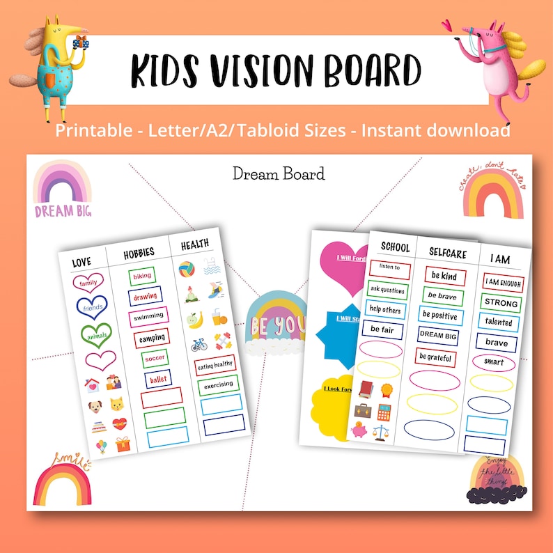 Kids Vision Board Printable Kit, Homeschool Worksheets for Kids, Home ...